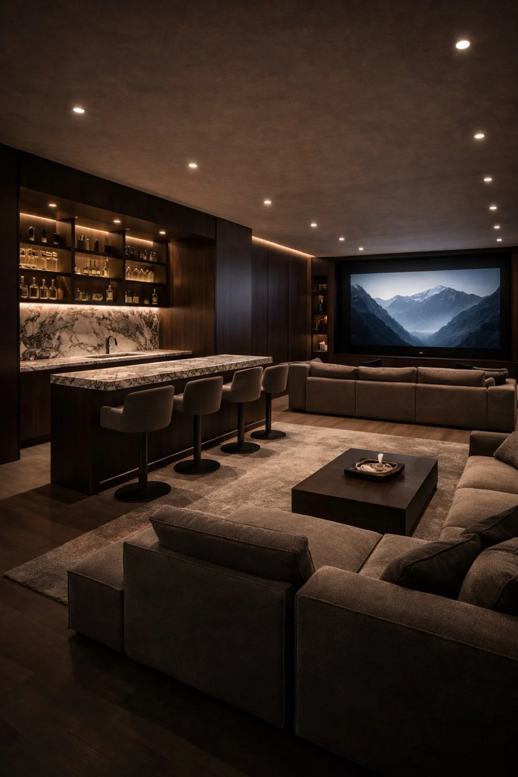Modern basement entertainment room with a large flat-screen TV displaying mountains, a brown sectional sofa, a black coffee table, a marble-topped bar area with beige chairs, and shelves with bottles and glasses, illuminated with recessed lighting.