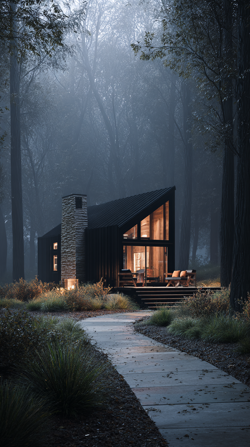 A modern house with a sloped roof and large windows, illuminated from inside, situated in a wooded area at dusk or night, with a curved walkway leading to the porch.