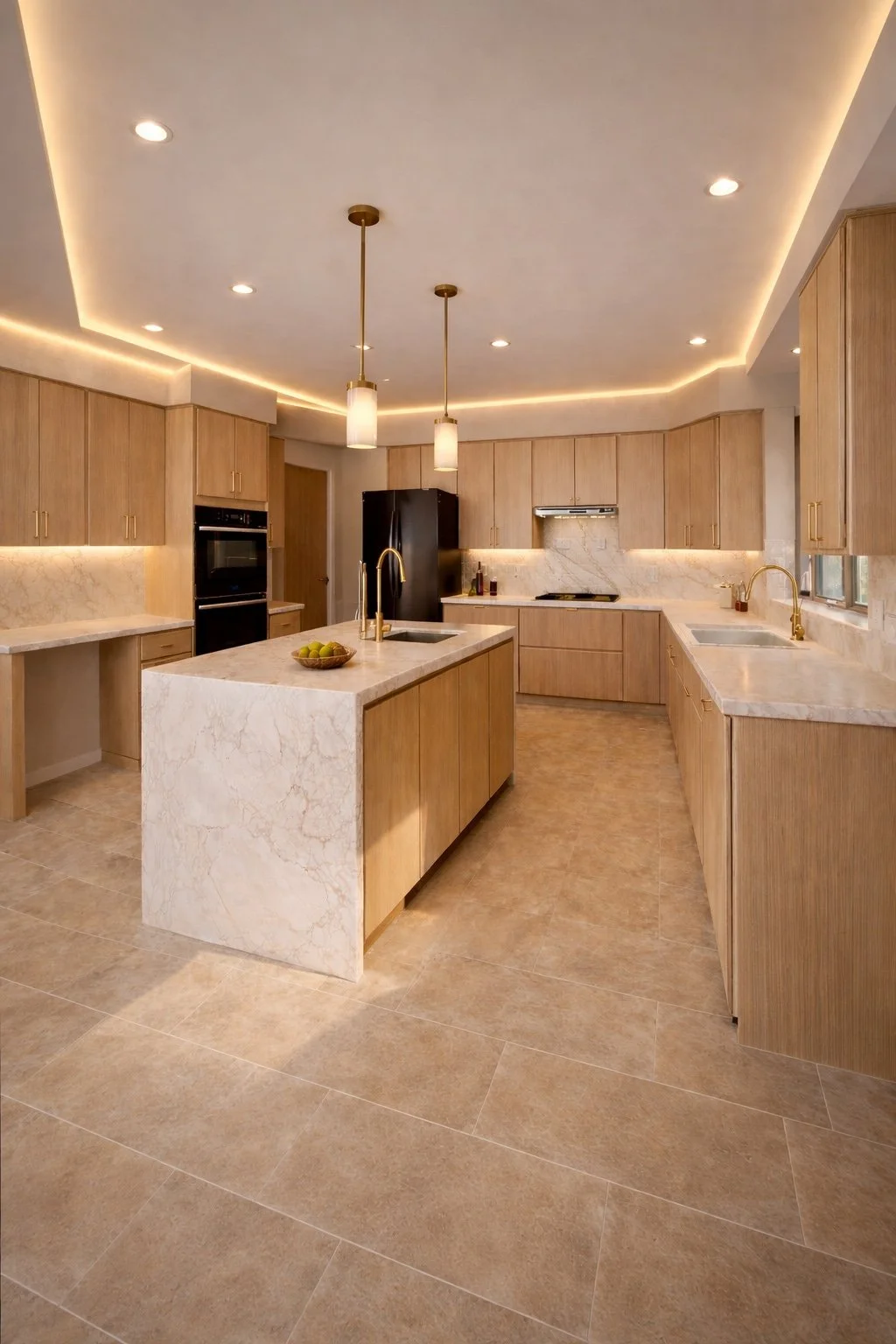 Modern kitchen with light wood cabinets, marble countertops, beige tiled floor, black refrigerator, double sink with gold fixtures, and pendant lights above an island.
