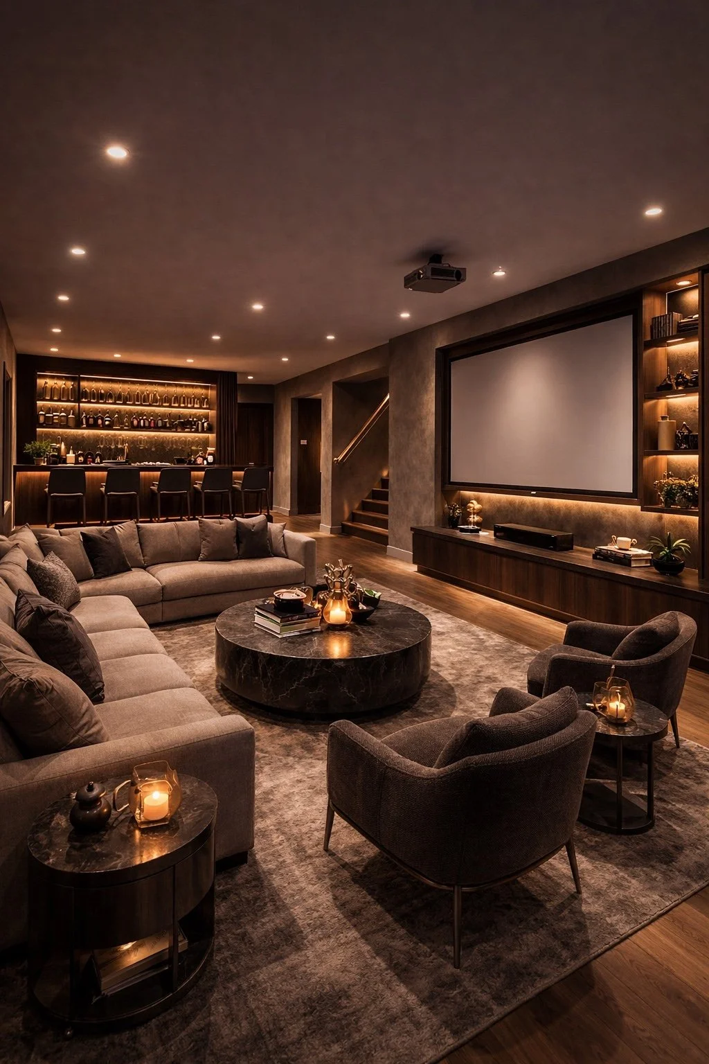 A cozy, modern home theater room with a large projector screen, plush gray sectional sofa, two armchairs, and warm ambient lighting. The room features dark wood accents, shelves with decorative items, and a bar area with barstools in the background.