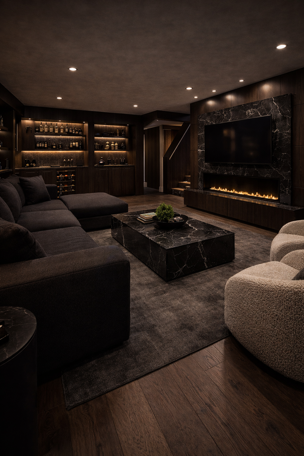 A modern living room with dark wood paneling, a large black sofa, a marble coffee table with a plant, a wall-mounted TV above an electric fireplace, and a bar area with lit shelves and liquor bottles.