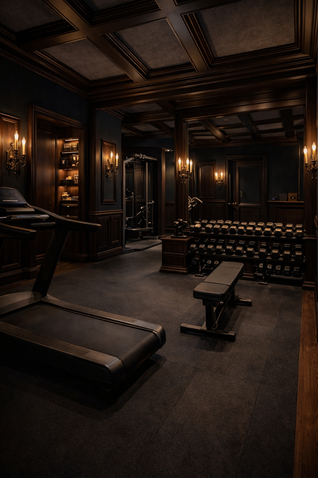 A luxurious home gym with dark wood paneled walls and ceiling, featuring a treadmill, a weight bench, and a rack of dumbbells. Elegant wall sconces provide warm lighting.