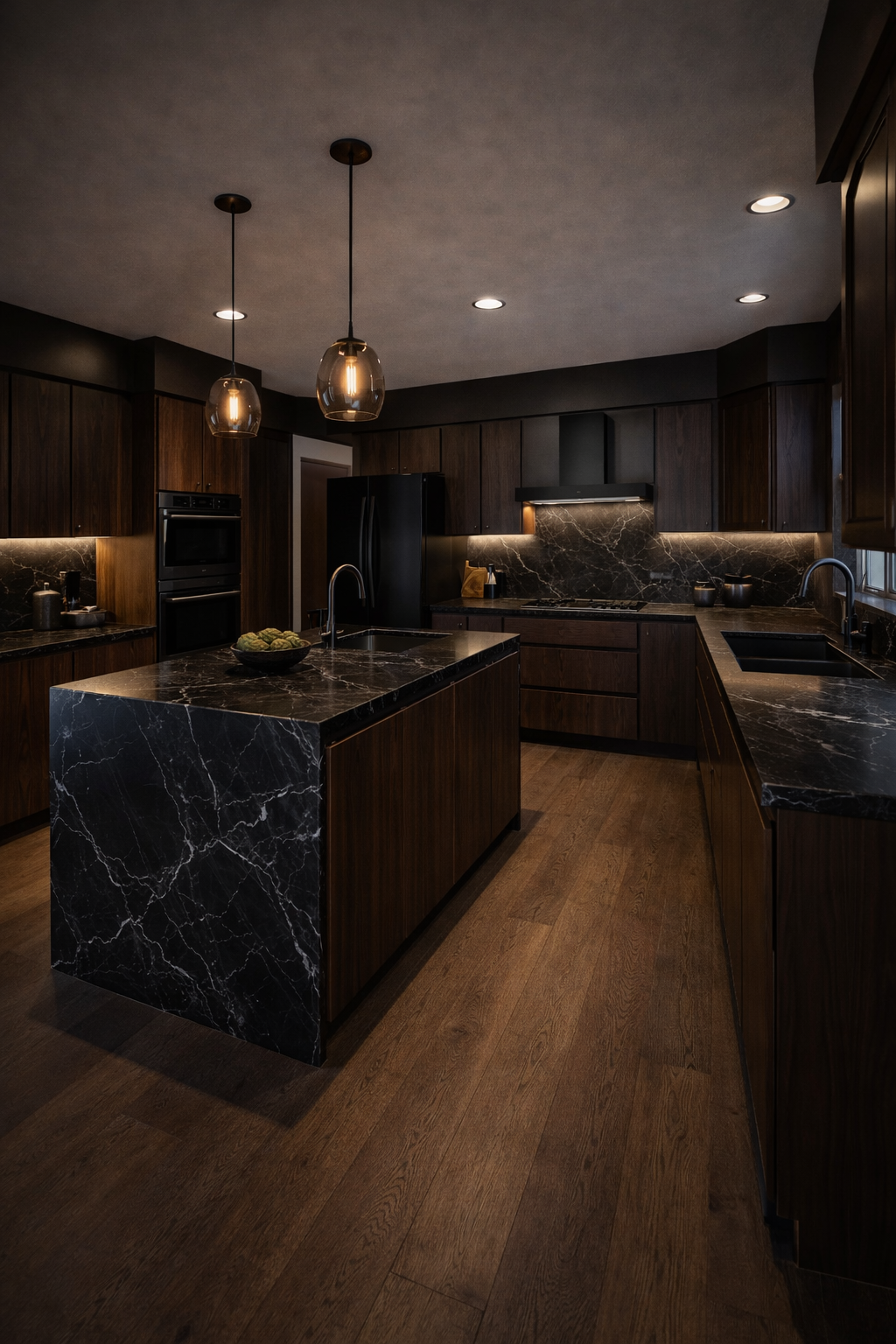 Modern kitchen with dark wood cabinets, black marble countertops, an island, and pendant lighting.