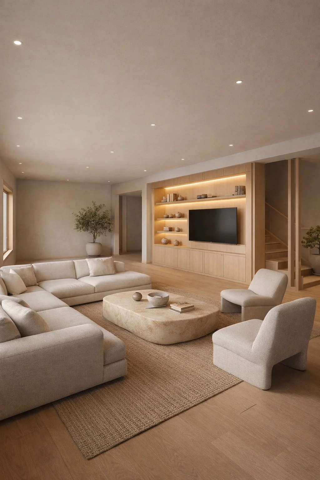 Modern living room with beige sectional sofa, armchair, stone coffee table, built-in wooden entertainment center with TV, neutral decor, and wooden flooring.