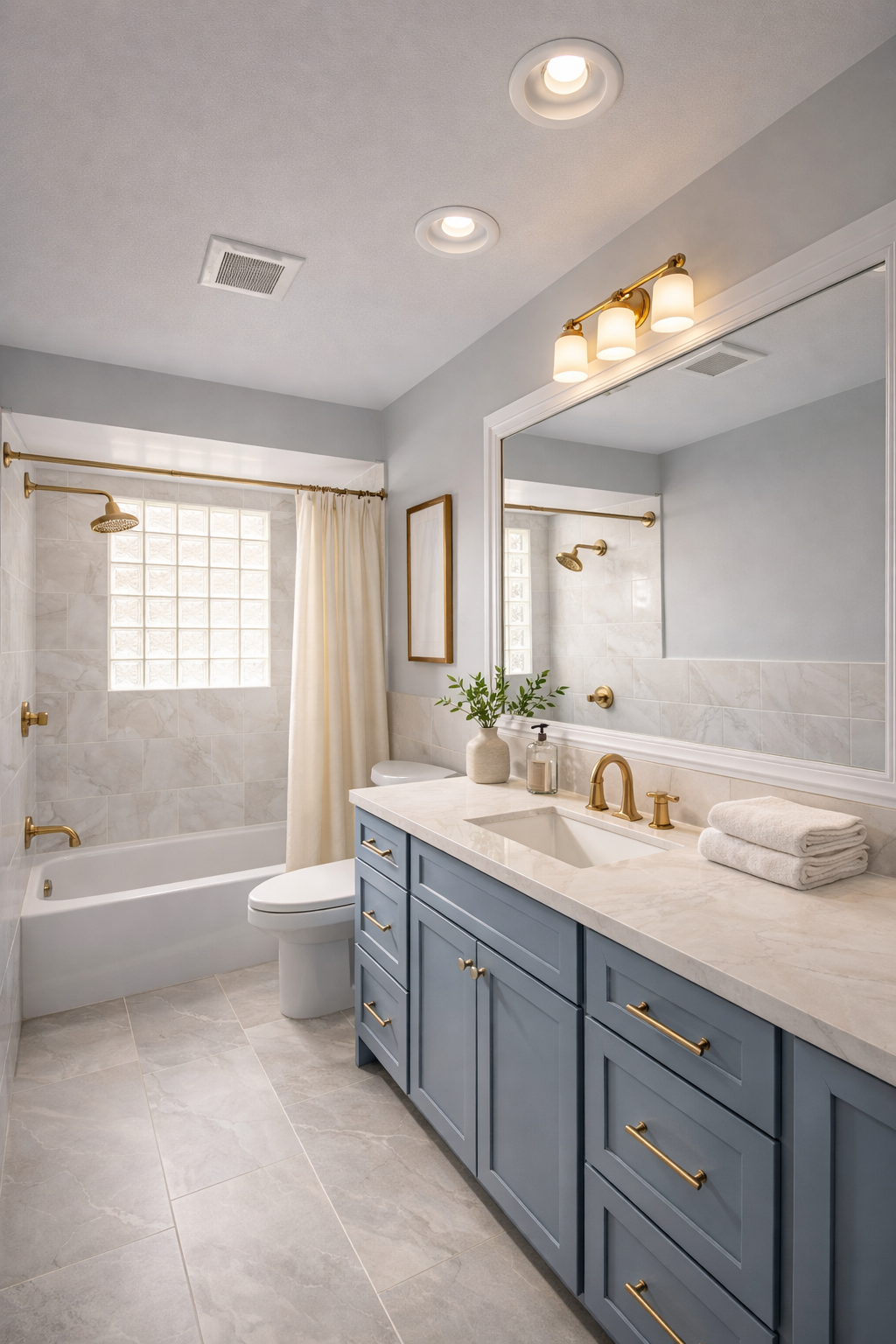 A modern bathroom with a blue vanity, white marble countertop, large mirror, and gold fixtures. The shower area has glass block windows and a curtain, with a brass shower head and faucet. The floor and wall tiles are light gray, and there are neatly 
