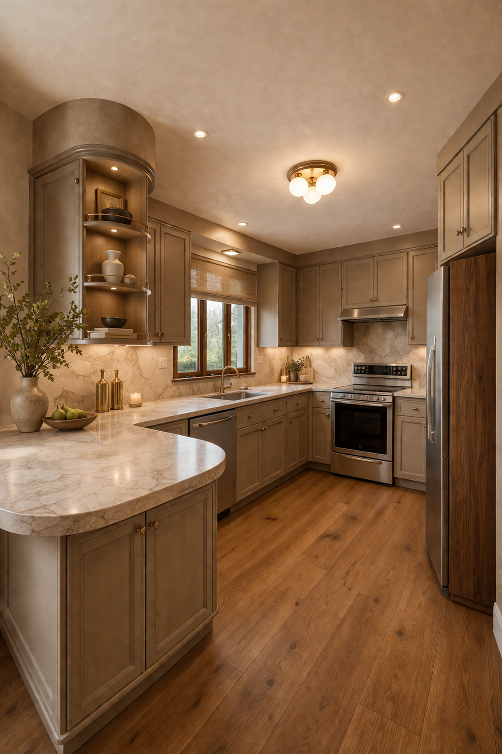 A kitchen with beige cabinets, marble countertops, stainless steel appliances, a window, wooden flooring, and decorative items like vases, candles, and bowls.
