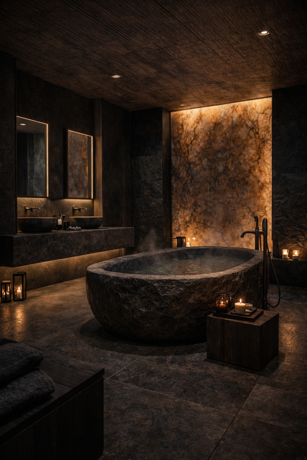 Luxurious bathroom with dark stone fixtures, a large stone bathtub, and warm lighting, including candles, creating a relaxing atmosphere.
