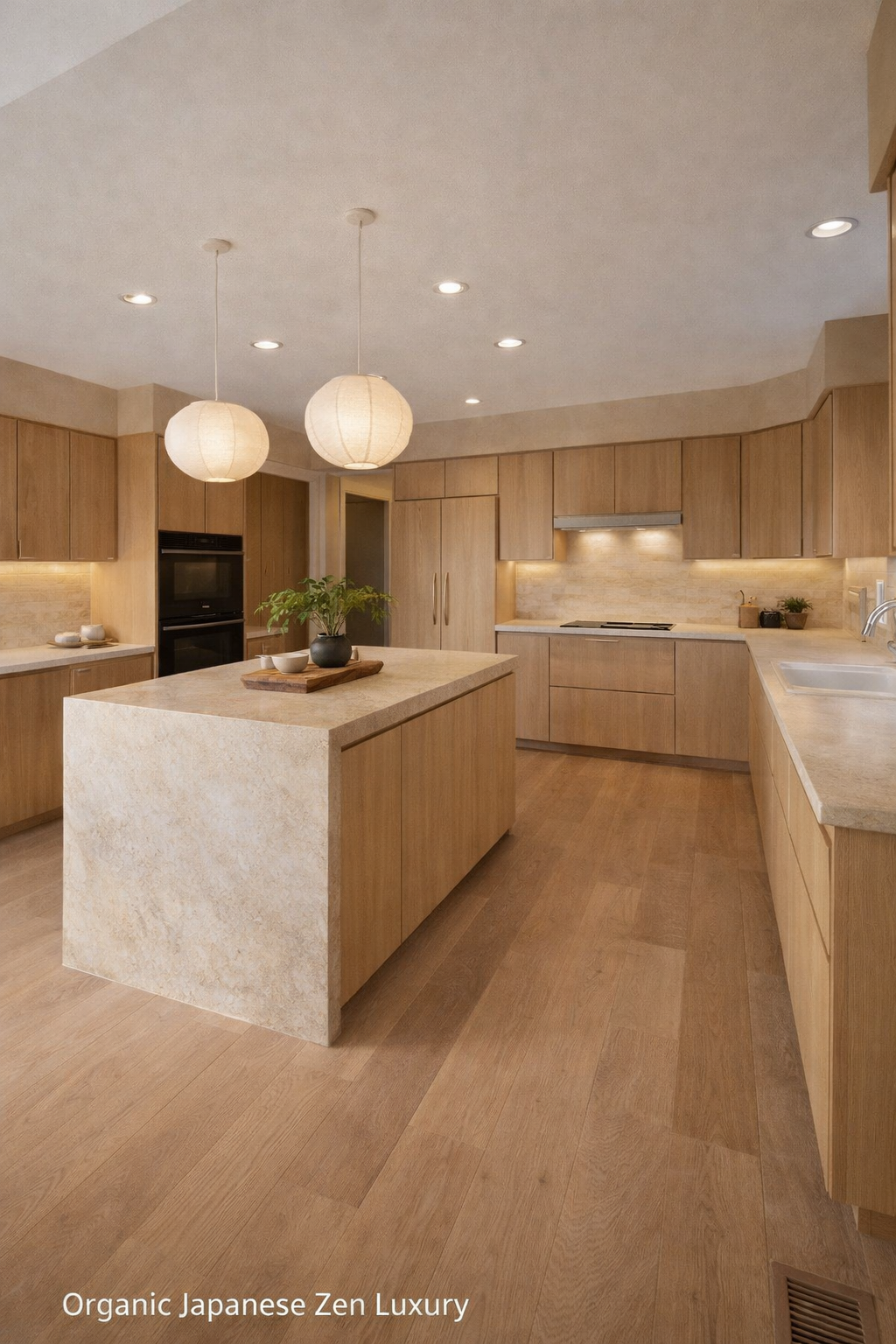 Modern kitchen with light wood cabinets, beige countertops, a large kitchen island, and pendant lights, featuring minimal decoration and a clean, natural aesthetic.