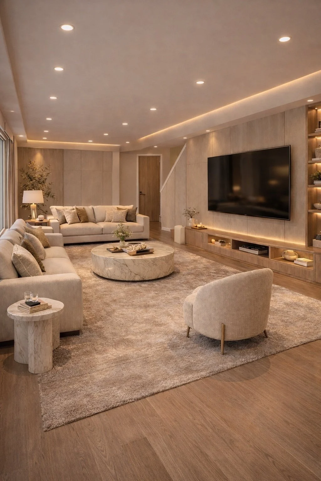 Modern living room with beige sofas, a round marble coffee table, a textured area rug, a flat-screen TV on the wall, and soft lighting.