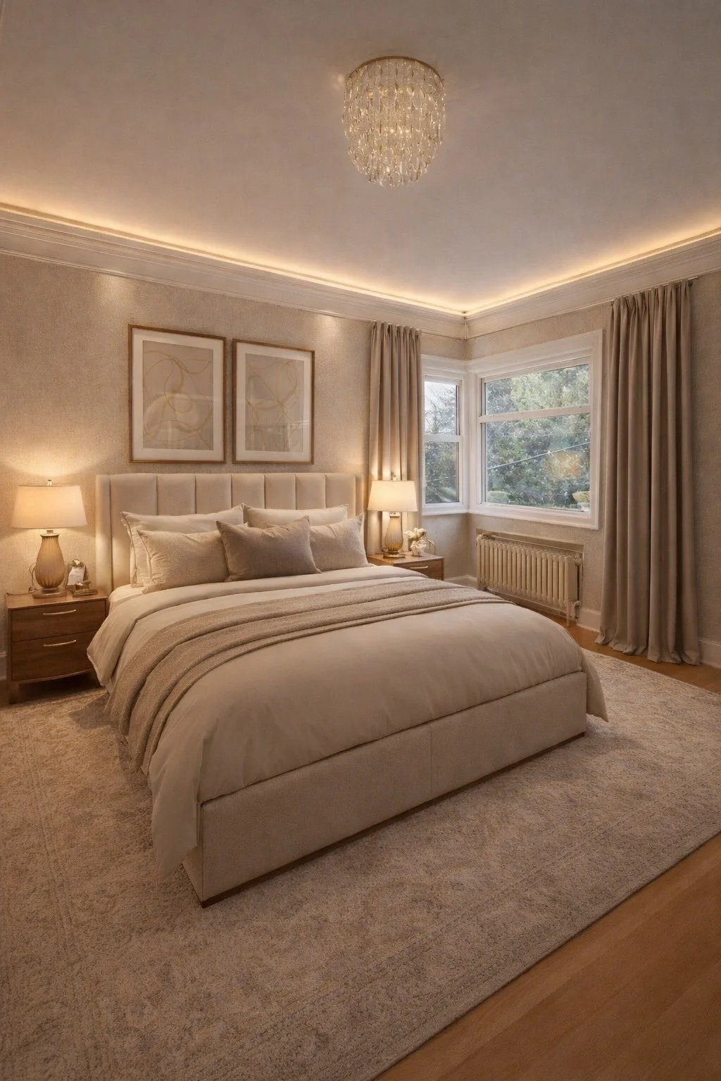 A cozy bedroom with a large bed with beige and taupe bedding, two nightstands with lamps, framed artwork above the bed, a window with curtains, and a chandelier on the ceiling.