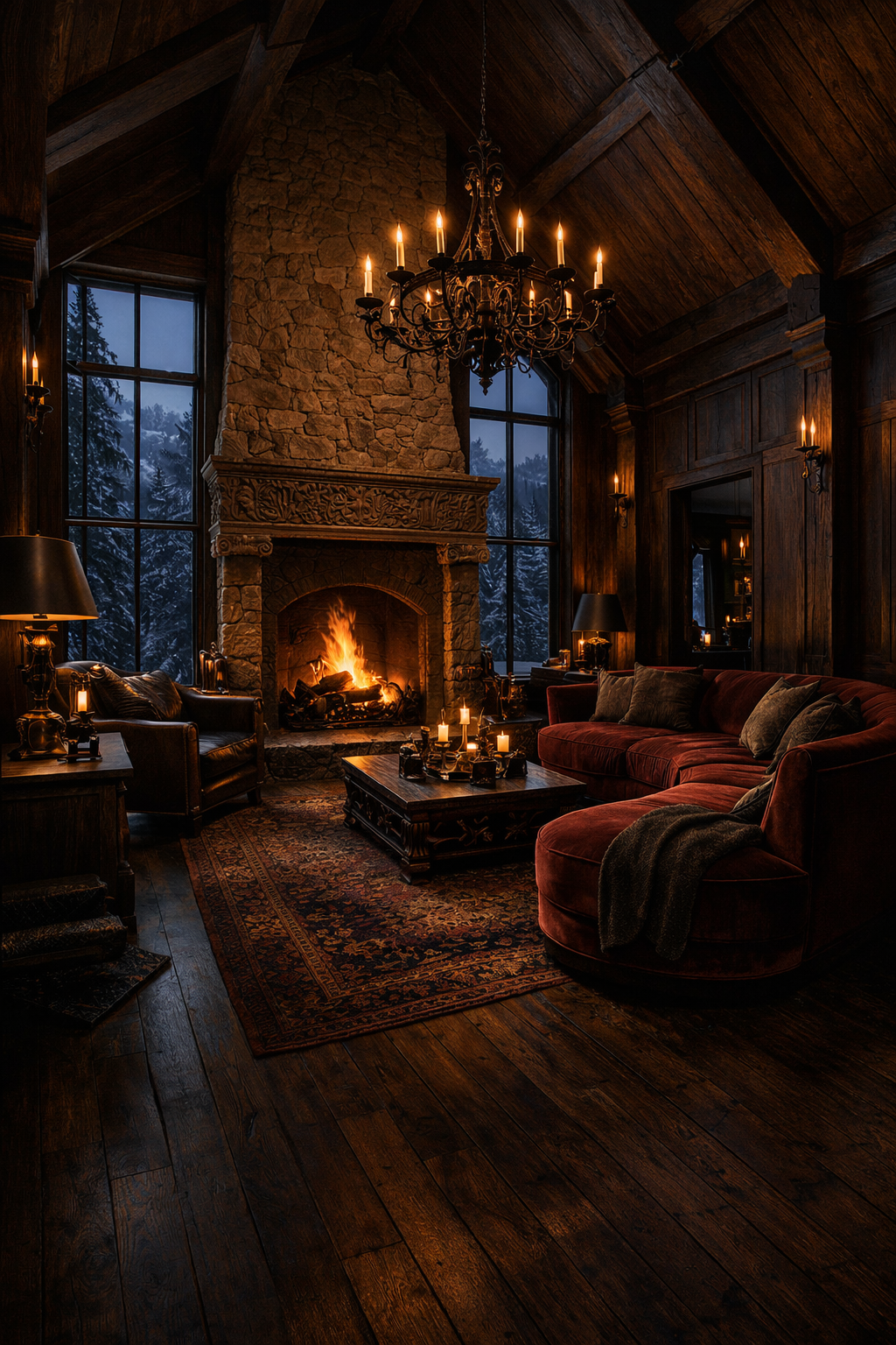 A cozy living room with a fireplace, a large red velvet sofa, a chandelier, and candles on the coffee table. Large windows reveal a snowy landscape outside.