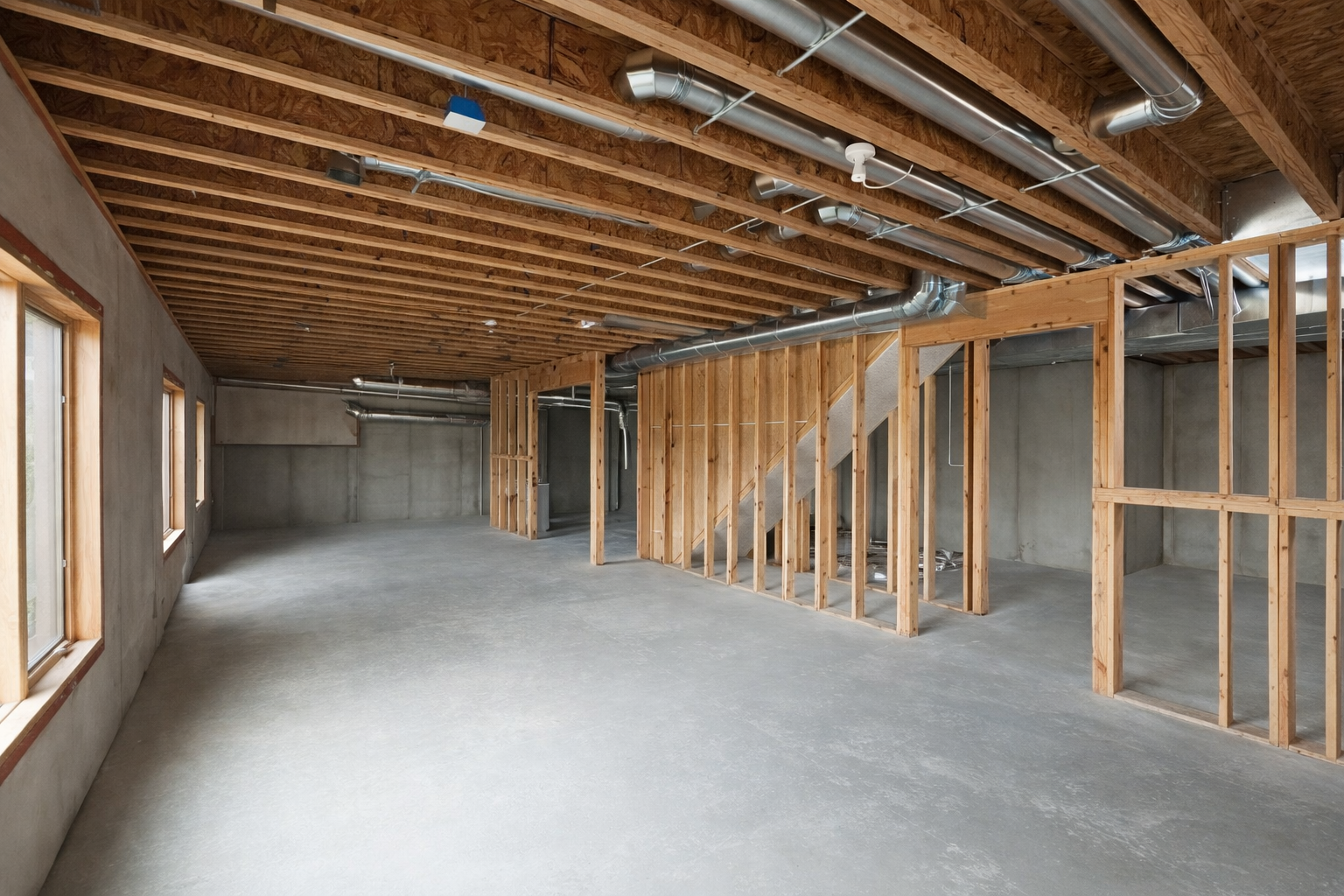 Unfinished interior of a building under construction, showing wooden framing, exposed ductwork, concrete floors, and windows.