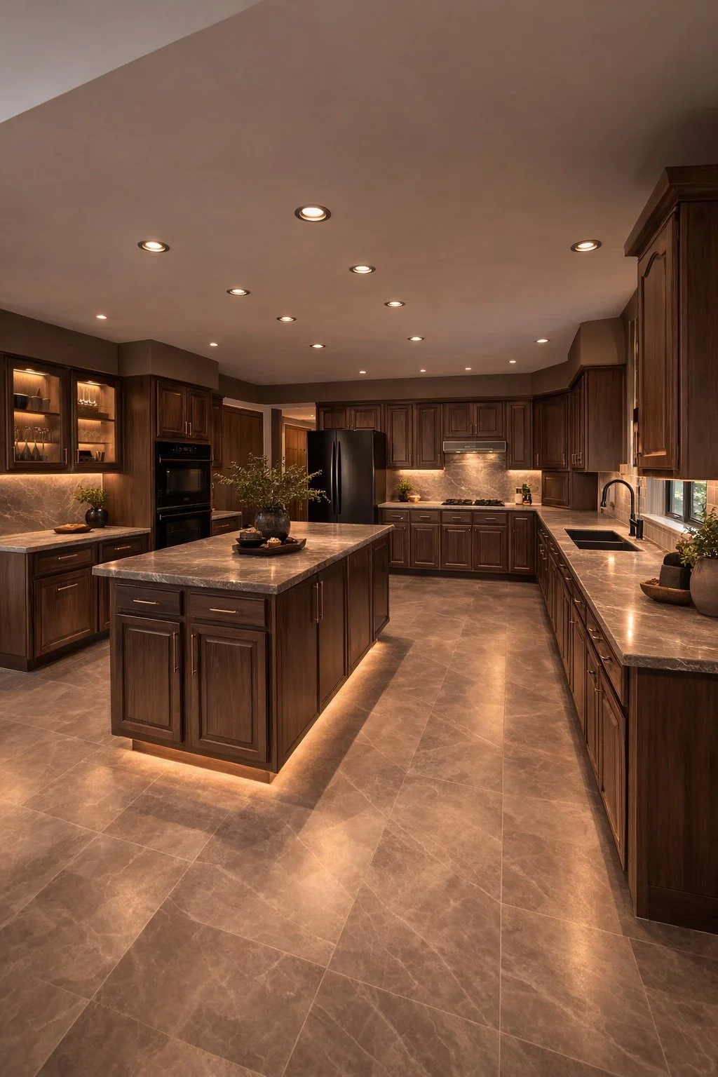 Modern kitchen with dark wood cabinets, marble countertops, an island in the center with decorative plants, recessed lighting in the ceiling, a black refrigerator, a double sink, and various small plants and bowls for decor.