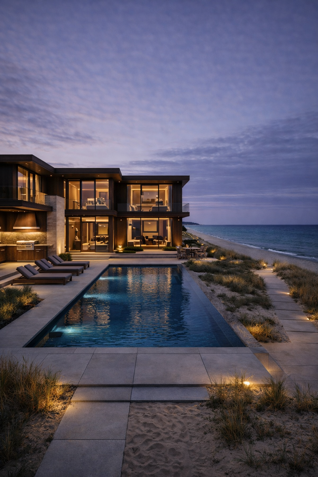 Luxury beachfront house at dusk with a swimming pool, outdoor seating area, and ocean view.