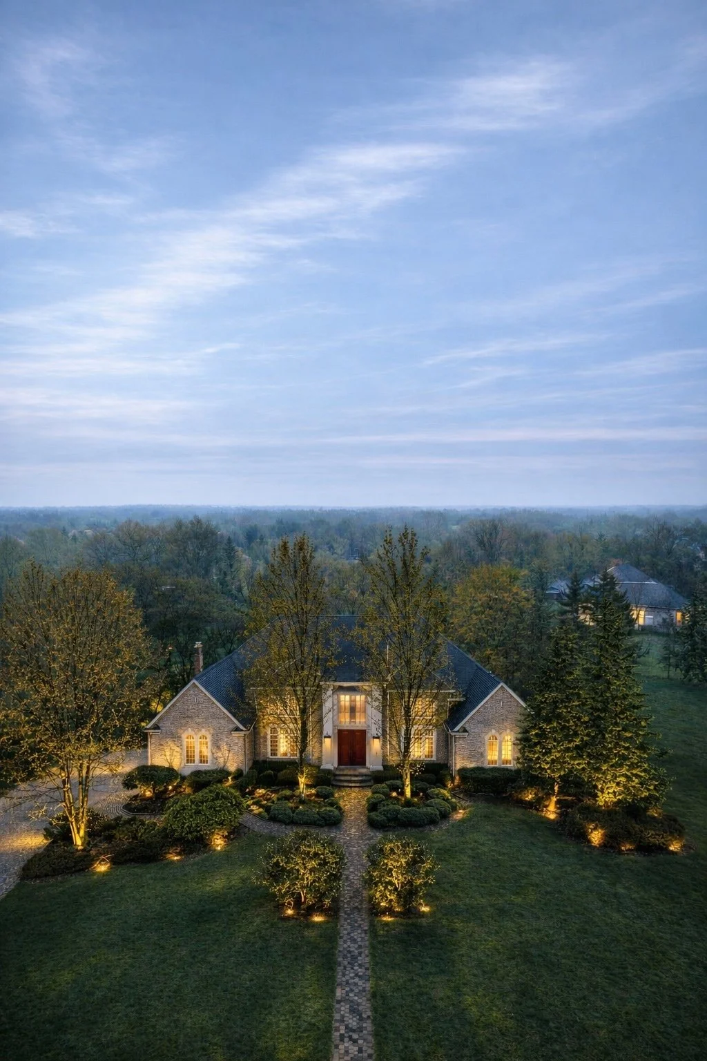 A large brick house with lit windows, surrounded by trees and landscaping, under a blue sky with wispy clouds.