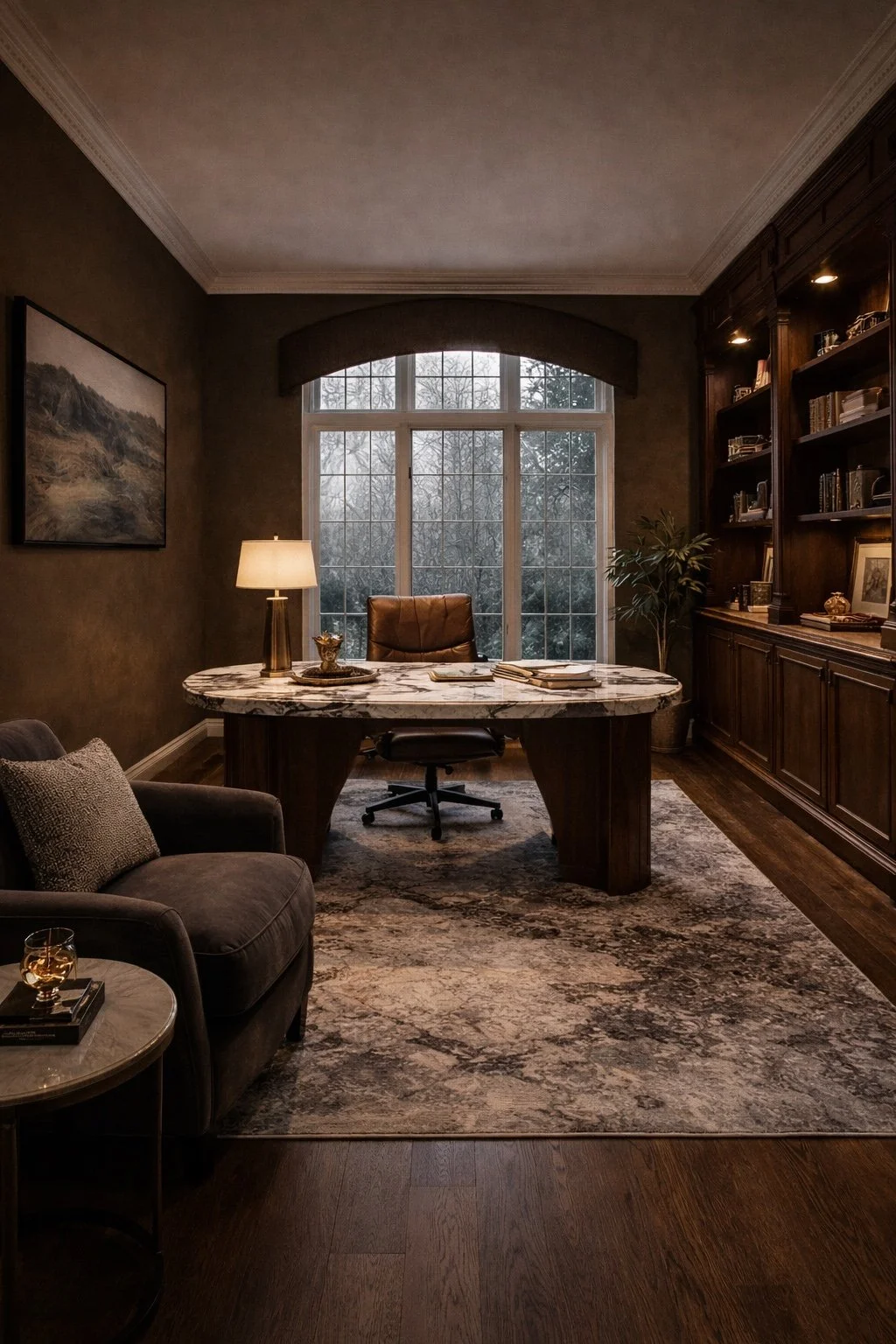 A cozy, well-lit office with a large window, a marble-topped desk, a brown leather office chair, a bookshelf filled with books and decorative items, a gray sofa with a pillow, a side table with a glass of drink, a floor lamp, and a patterned rug.