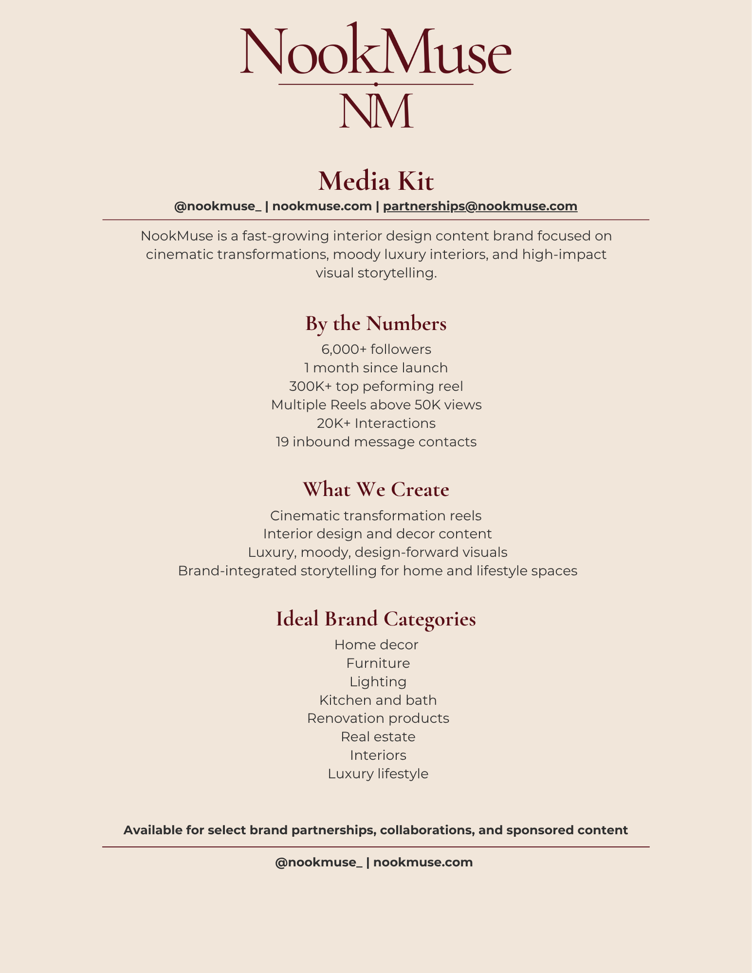 A digital brochure page for NookMuse, an interior design content brand. It includes the brand name, social media handle, website, email, a description of their focus, key statistics, their primary service offerings, and a note about brand partnerships.