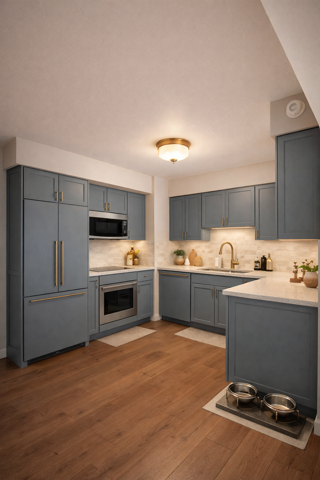 Modern kitchen with blue cabinets, white countertops, and wooden flooring. Contains built-in microwave and oven, gold kitchen faucet, and decorative items like plants and vases.