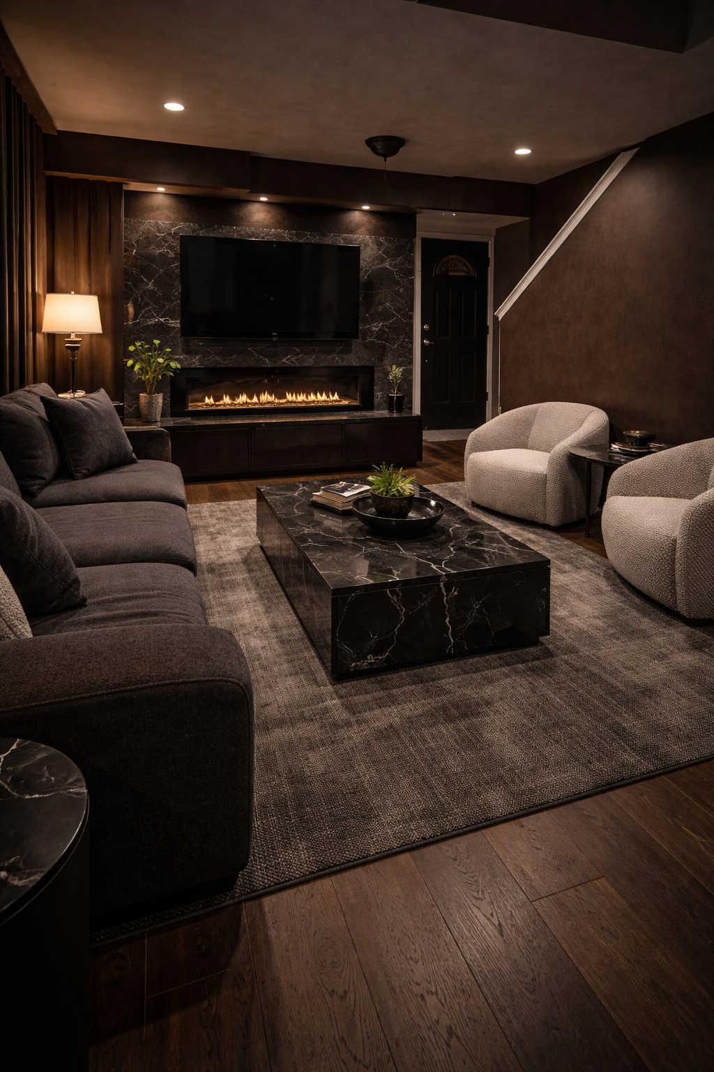 Living room with dark sofa, white armchairs, black marble coffee table, TV mounted on marble wall, electric fireplace, and plants.
