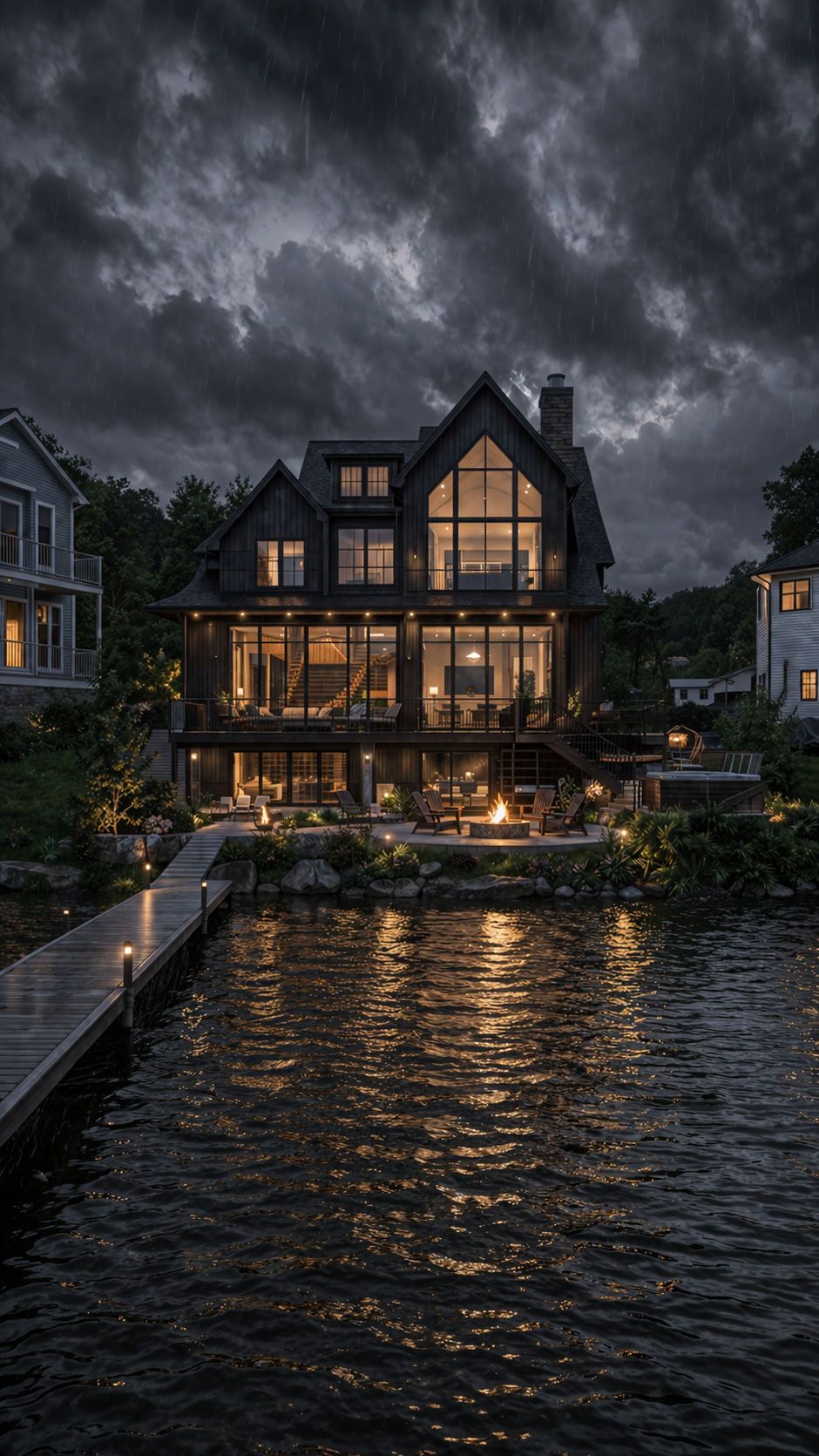 A large, three-story house with black exterior and large windows illuminated from inside, situated by a lake during nighttime with stormy weather and dark, cloudy sky. The house has a lit fire in the outdoor seating area by the water, with a dock ext