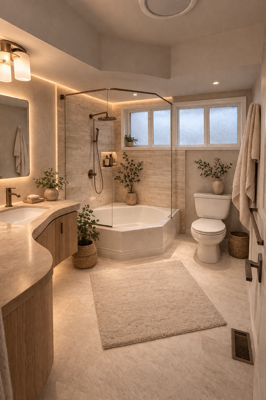 Modern bathroom with beige tiles, a corner bathtub with glass partition, potted plants, a vanity with a sink and mirror, and frosted windows.