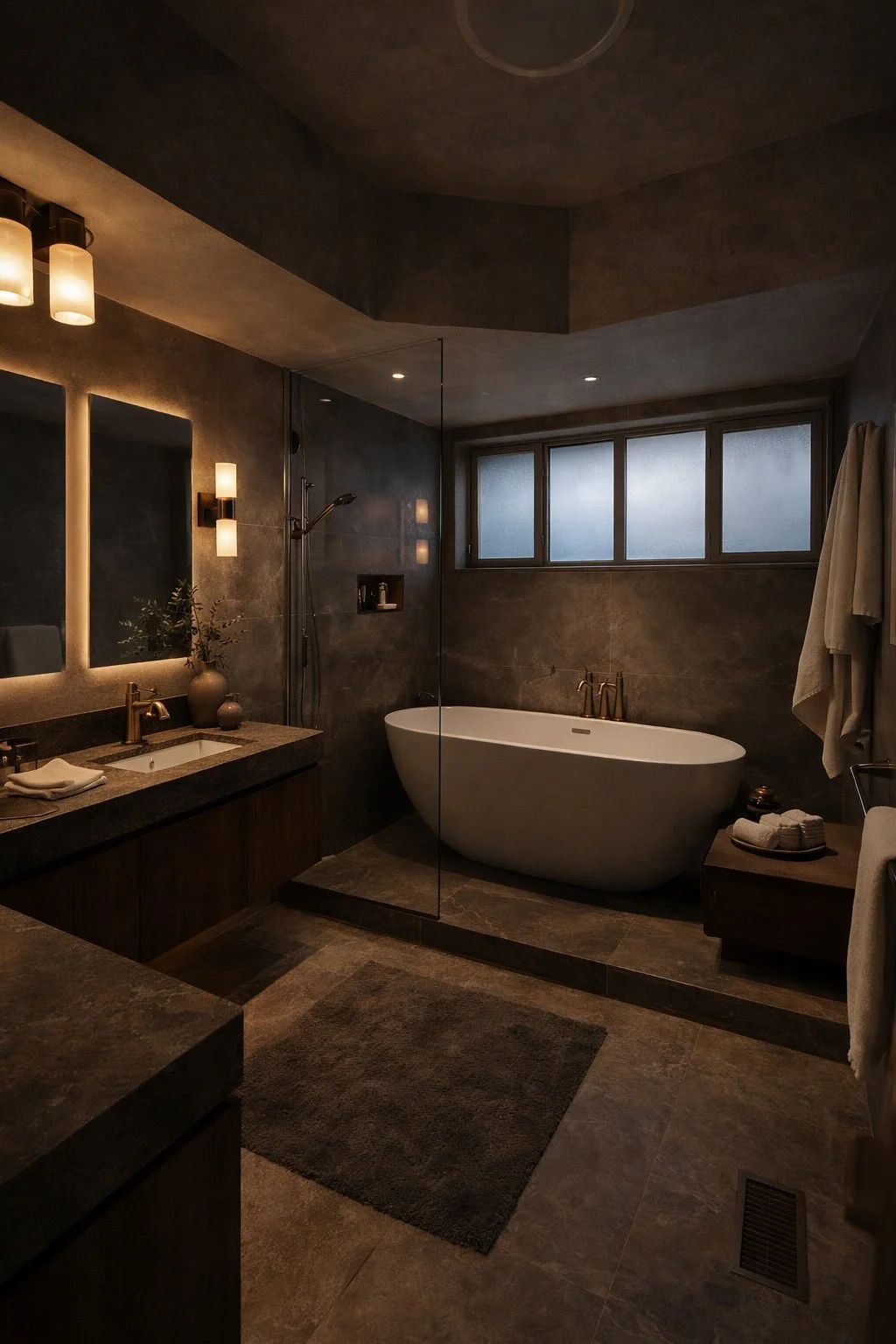 Modern bathroom with a freestanding bathtub, dark tiled walls, a vanity with mirror and lighting, a frosted window, and a shower area with a glass partition.