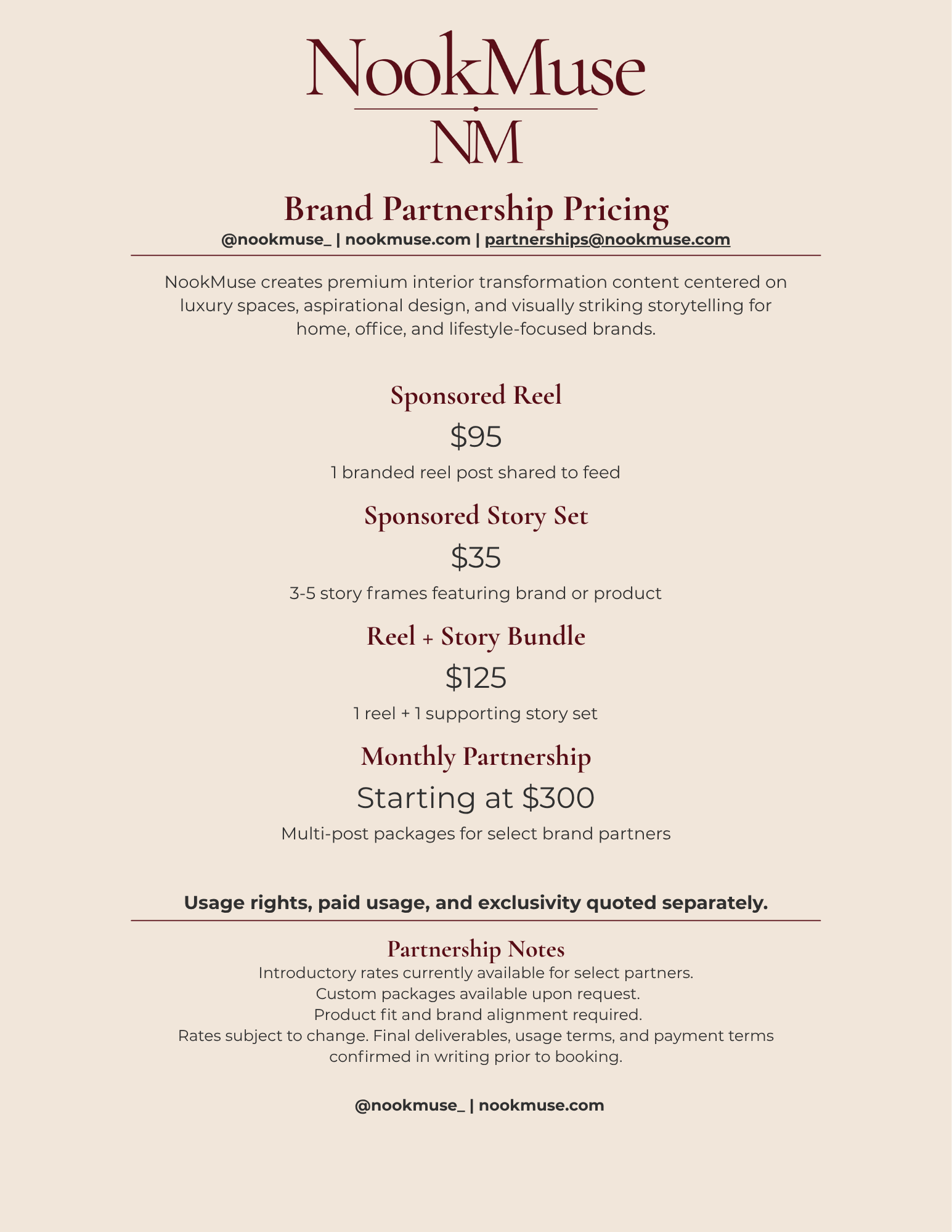 NookMuse branding and pricing details for sponsored reel, story set, reel and story bundle, and monthly partnership services, with contact information.