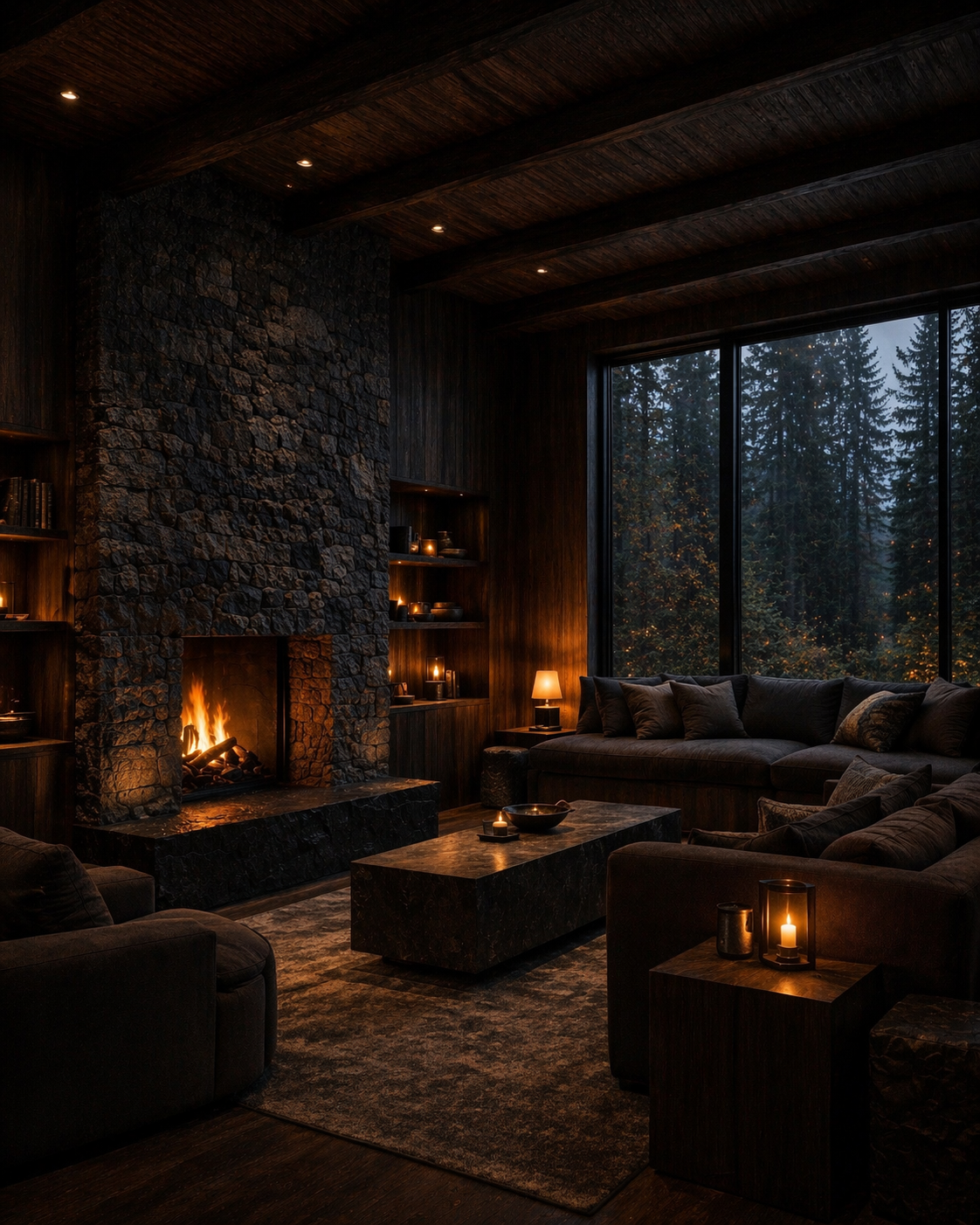Cozy living room with a stone fireplace, dark wood walls and ceiling, large window showing a forest outside, and dim candle and lamp lighting.