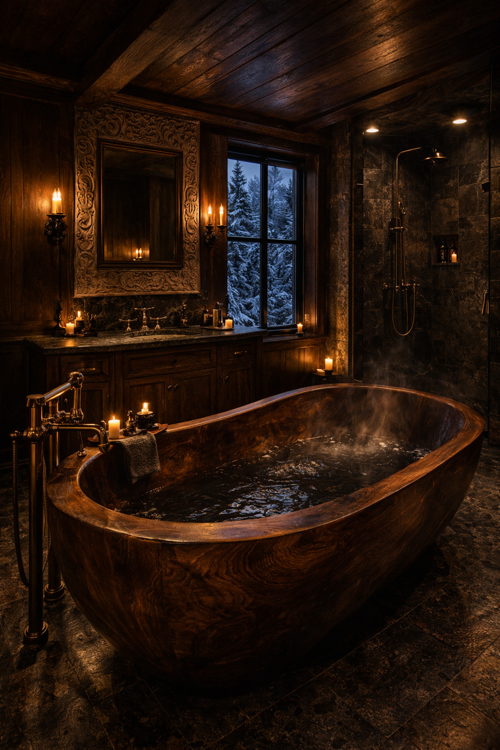 A rustic bathroom with a wooden bathtub filled with water, surrounded by candlelight, a large mirror, dark wood cabinetry, a window showing snow-covered trees, and a shower area with dark stone tiles.