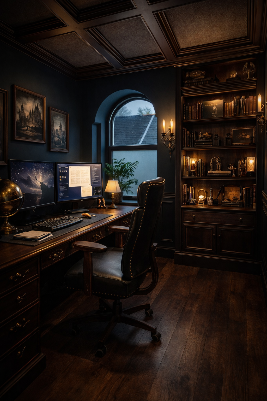 A dark, elegant home office with a wooden desk, two computer monitors, a black leather chair, a globe, bookshelves filled with books and decorative items, a window with a view of a roof, and dim warm lighting.