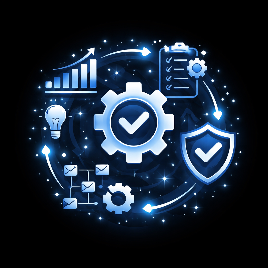 Digital illustration of cybersecurity and data protection concepts with gears, checkmarks, shield, lightbulb, email icons, and graphs interconnected with arrows on a black background.