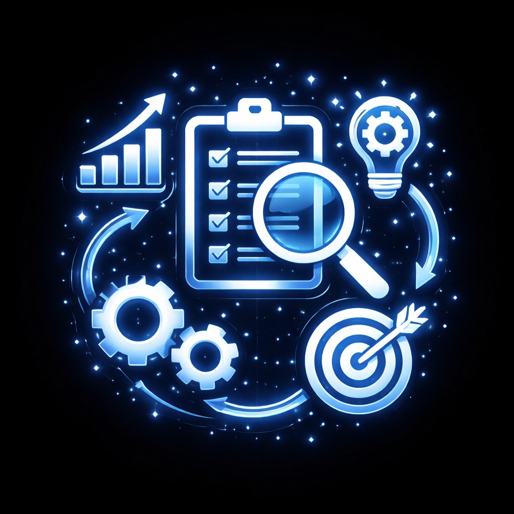 Digital illustration of business and planning concepts with icons including a magnifying glass over a checklist, a bar graph with upward trend, gears, a lightbulb with a gear inside, and a target with an arrow, all glowing in blue against a black background.