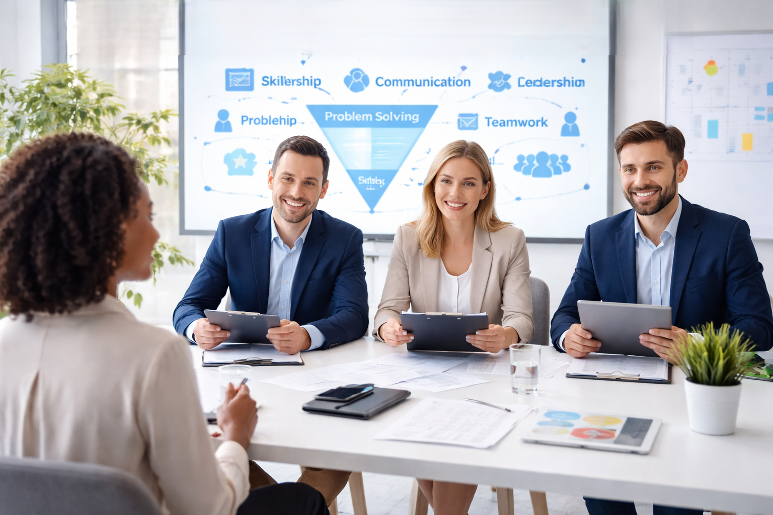 Four business professionals in a meeting, three men and one woman, sitting at a table with documents and tablets, smiling and engaging with the woman speaking. A presentation screen displaying keywords related to problem-solving and teamwork is in the background.
