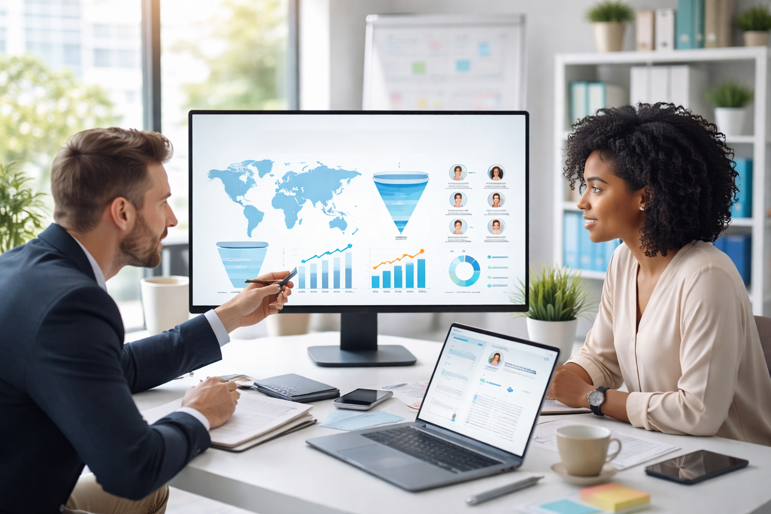 Two professionals, a man and a woman, engaged in a business discussion at a conference table with a large monitor displaying charts, world map, and profile images in a modern office.