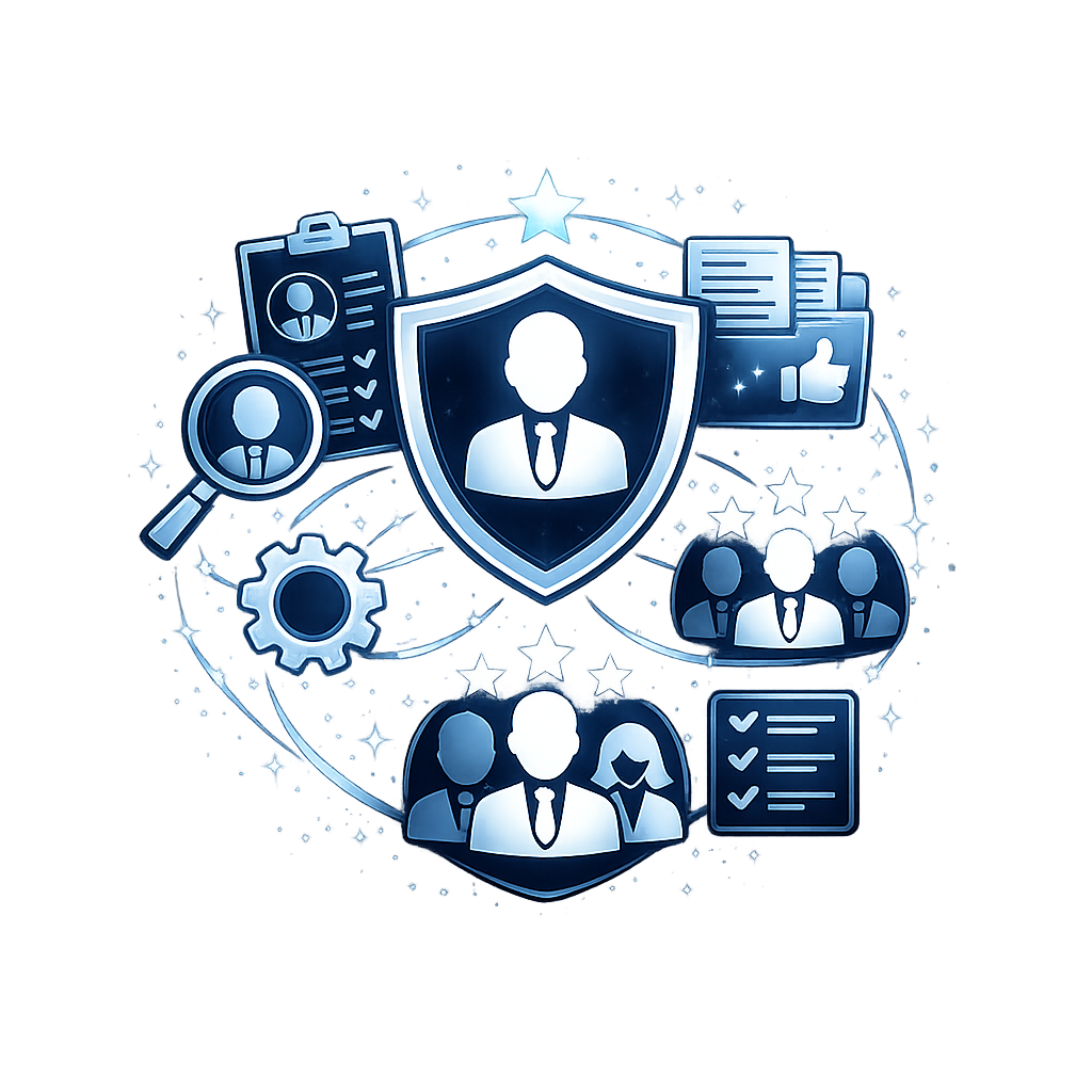 Digital illustration representing online security and privacy with icons of a shield, user profiles, magnifying glass, gear, documents, and stars, all in a blue color scheme.