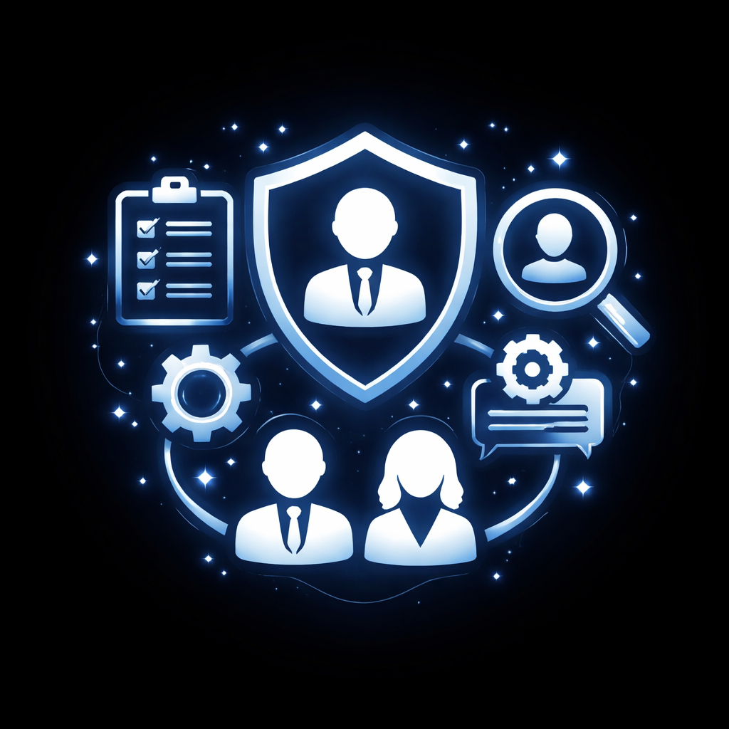 Digital icons representing security, identification, and management including a shield with a person's silhouette, a checklist clipboard, a magnifying glass with a person icon, gears, and chat bubbles, all suggesting concepts of cybersecurity, identity verification, and systems management.