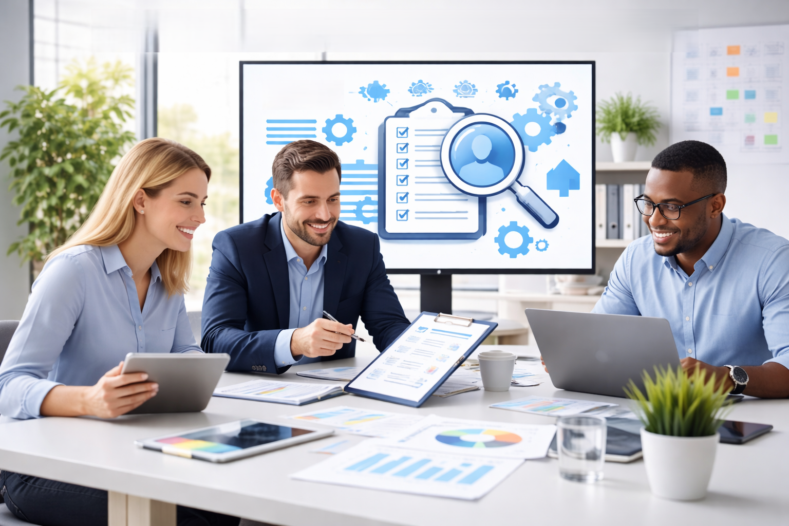 Three professionals in a meeting room, smiling and reviewing documents, with a large screen displaying a magnifying glass over a user profile and checklists in the background.