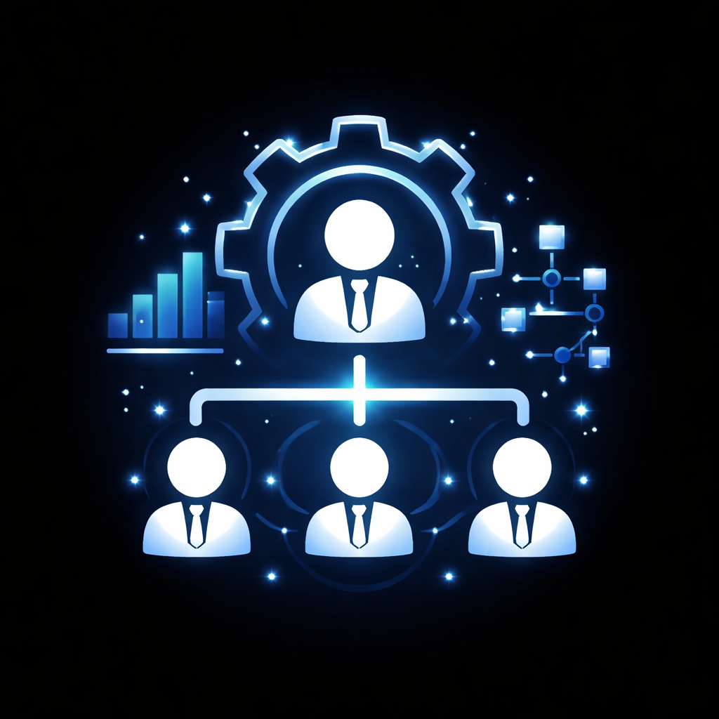Digital illustration of a business hierarchy with a leader at the top, connected to three subordinates, surrounded by graphs and flowcharts.