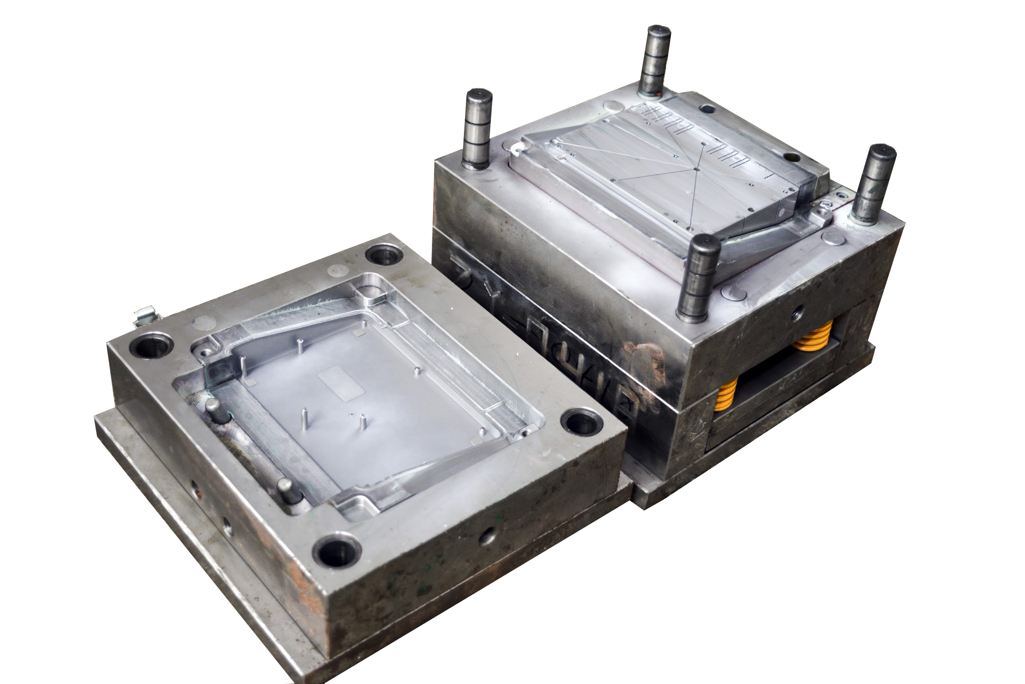 Metal mold with two parts, used for industrial manufacturing or casting, featuring screws, bolts, and a sliding mechanism.