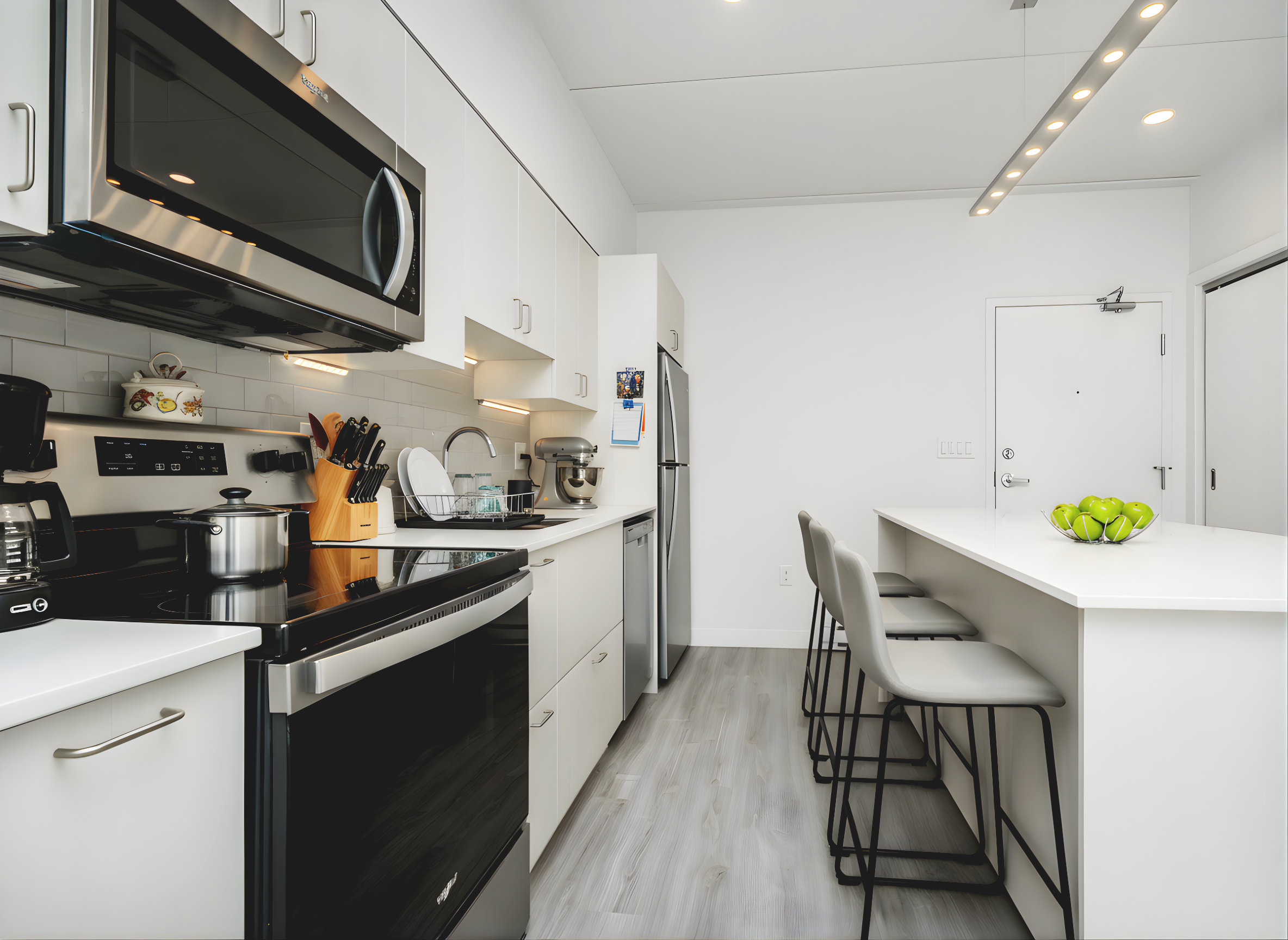 Modern white kitchen with stainless steel appliances, a small dining area with four chairs, and a bowl of green apples on the counter.