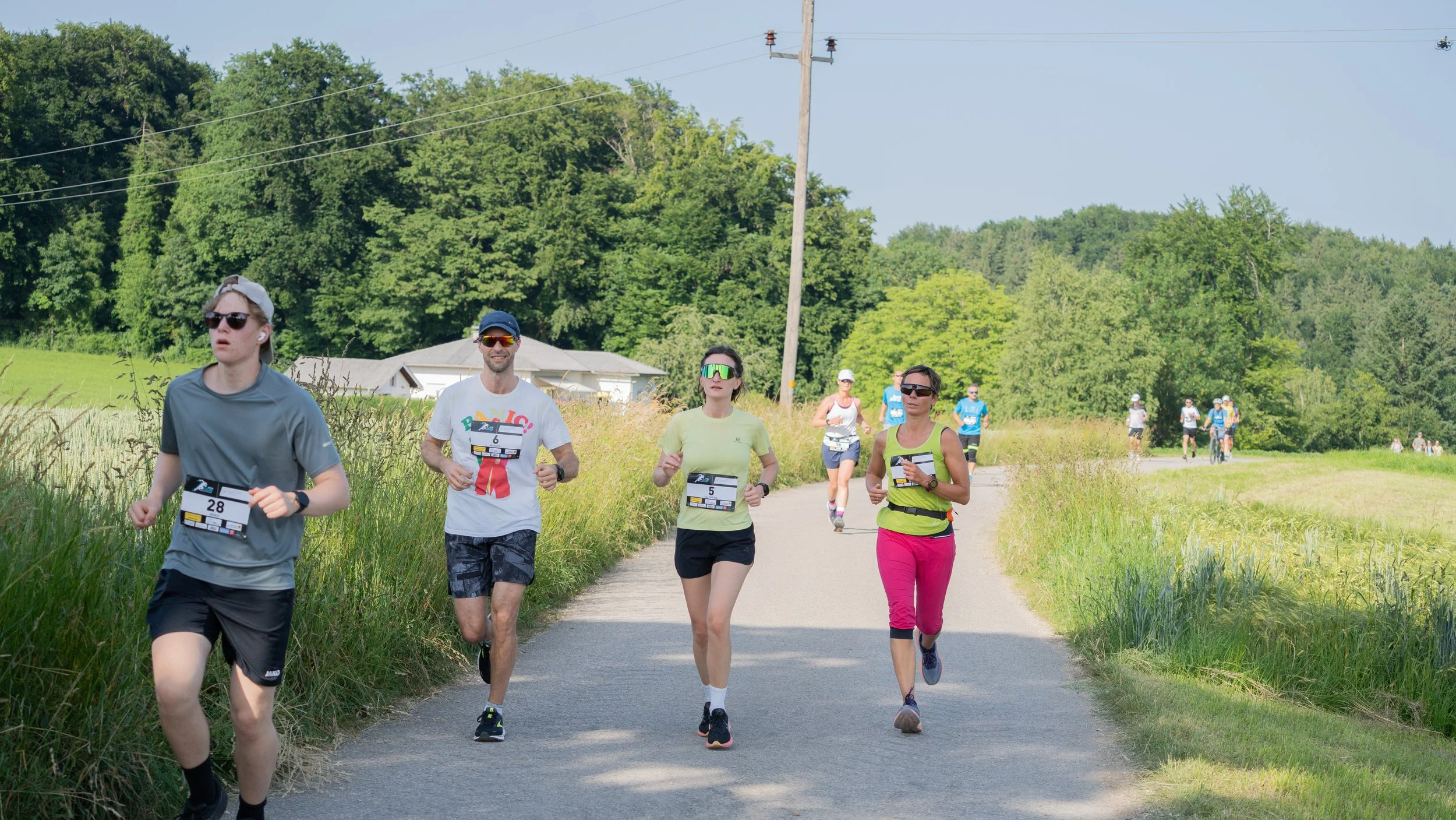 Mehrere Läufer laufen auf einem Weg durch eine grüne, ländliche Gegend bei sonnigem Wetter.