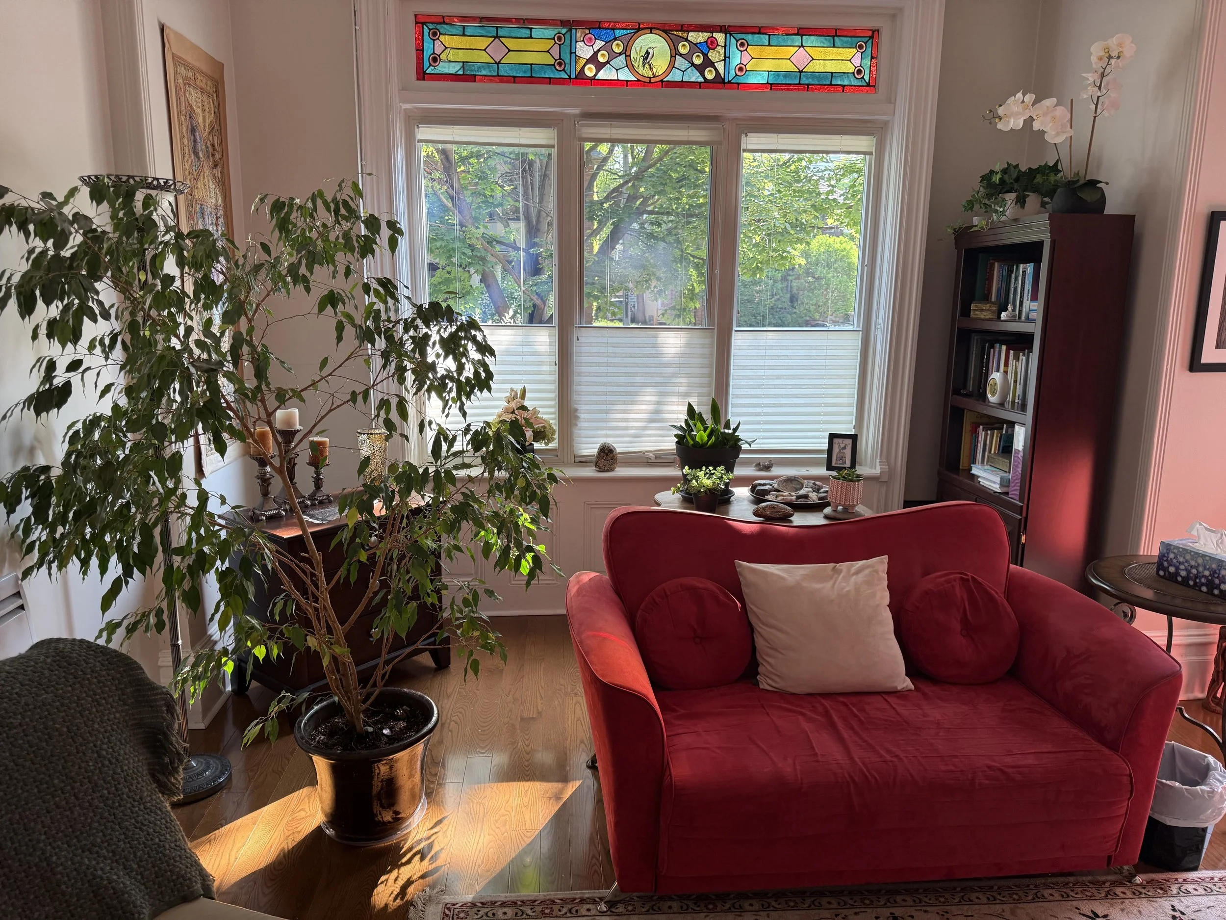 Warm, sunlit therapy office in Toronto with a comfortable red loveseat, greenery, and natural light — the in-person session space for Soroosh Vafapoor Psychotherapy.