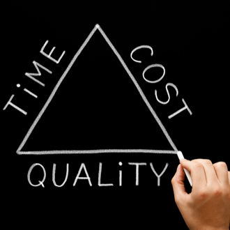 A triangle diagram showing four elements: scope at the top, quality in the center, and cost and time at the bottom corners.
