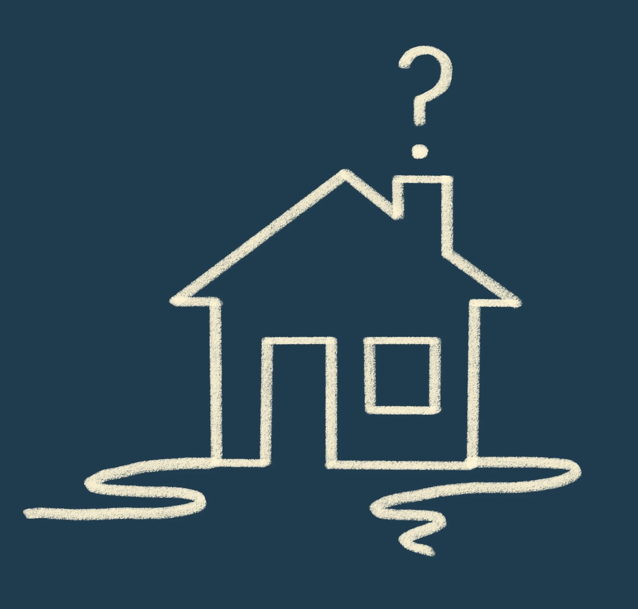 A chalk drawing of a house with a chimney and a triangular roof, featuring a question mark above the chimney, on a dark background.