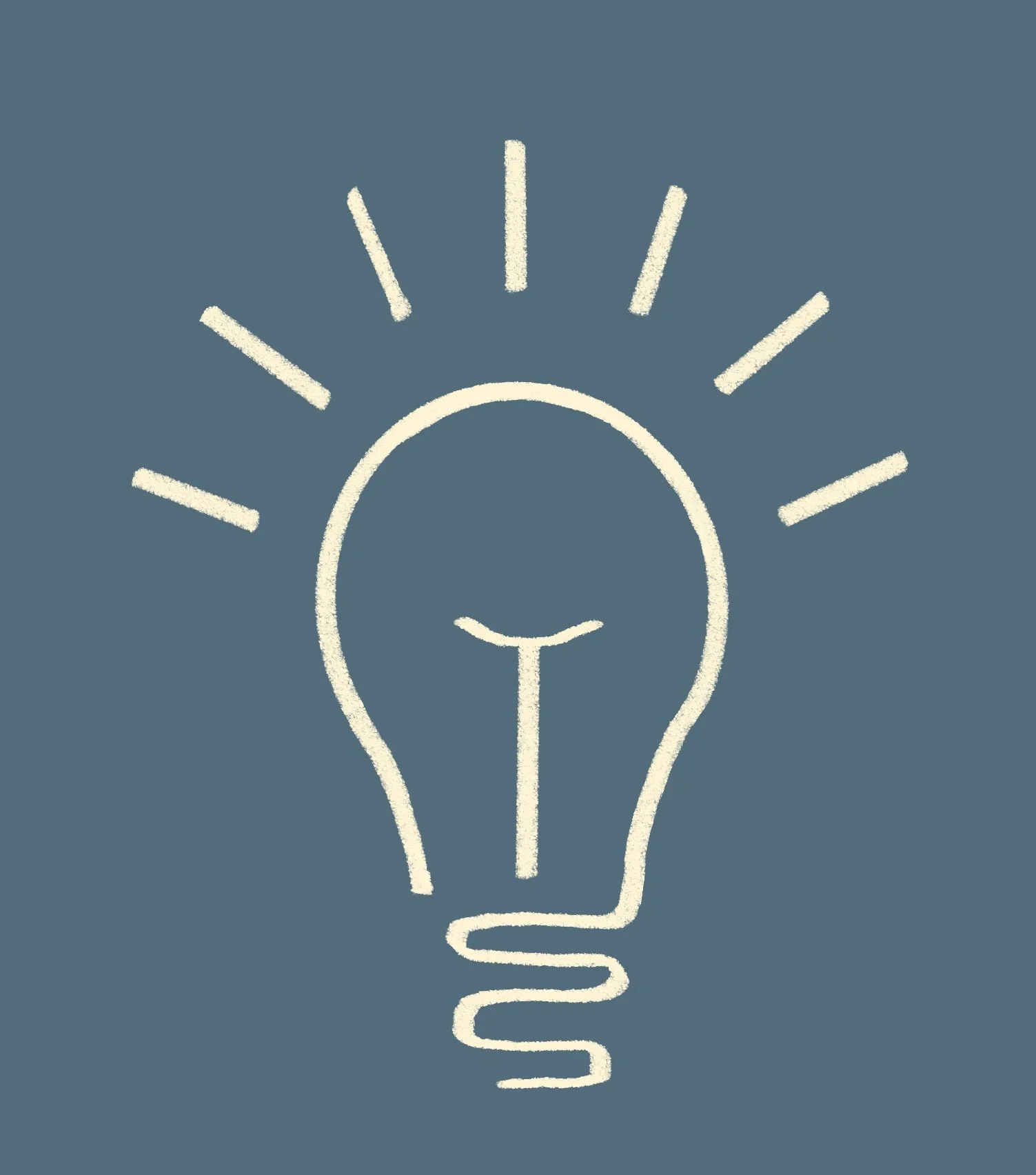 Minimalist illustration of a lightbulb with rays around it on a blue background.