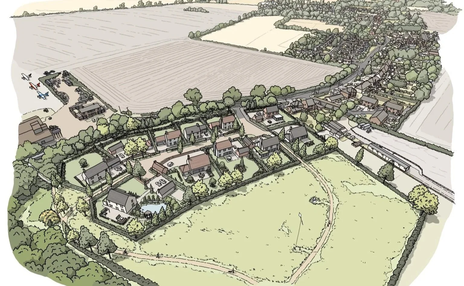 Illustration of a suburban neighborhood with houses, trees, and a train passing nearby, with open fields in the background.