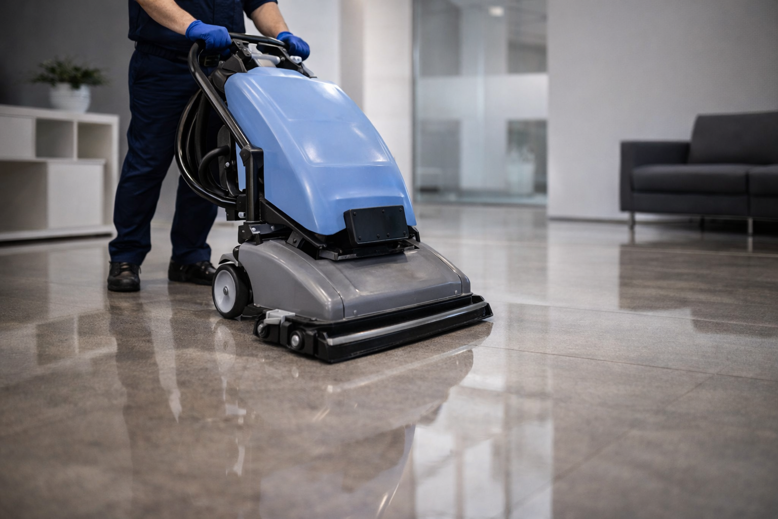 A person in blue gloves is using a floor polishing machine on a shiny polished floor in an indoor setting with a gray sofa and white shelves in the background.