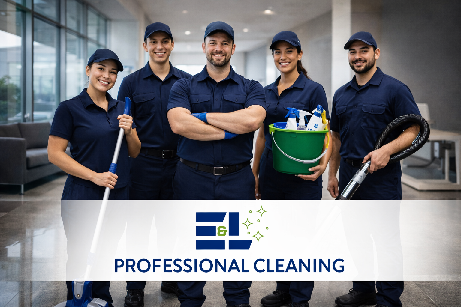 Group of professional cleaners in uniform inside a building, smiling, with cleaning tools and supplies, promoting professional cleaning services.