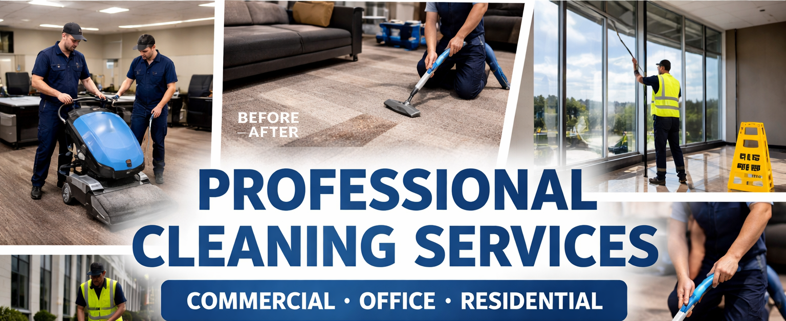 A collage of images showing various cleaning services, including floor cleaning with a floor buffer, vacuuming carpet, window cleaning, and outdoor cleaning, with text advertising professional cleaning services for commercial, office, and residential spaces.
