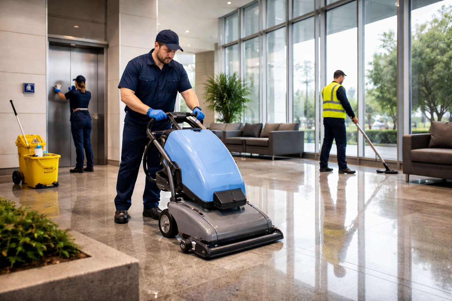 Cleaning staff disinfecting a building lobby with floor cleaning machines and mops.